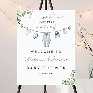 Personalized Baby BoyShower Welcome Sign, Baby Shower Sign Boy, Sunshine Boho Blue Bear Baby Shower Decorations, Here Comes the Son Sign Fullsize