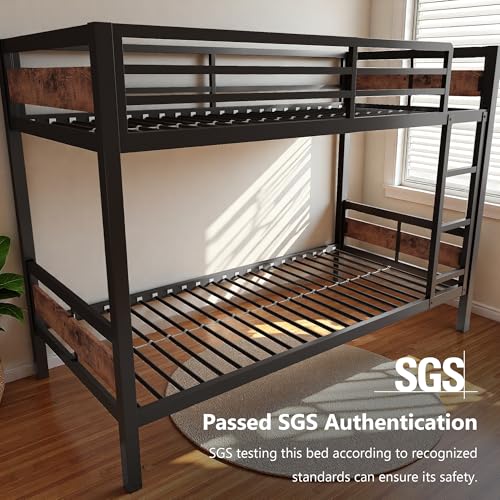 Image of iPormis Metal Bunk Bed Twin Over Twin, HeHeavy Duty Bunk with High Guardrail and Safety Entrance Design, Under-Bed Storage Space, No Box Spring Needed, Noise Free, Vintage Brown