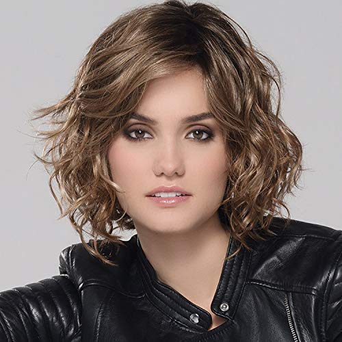 GNIMEGIL Wigs for Women Short Ombre Brown Wigs Body Wave Wigs with Inclined Bangs Heat Resistant Fiber Synthetic Halloween Wigs for Women Costume