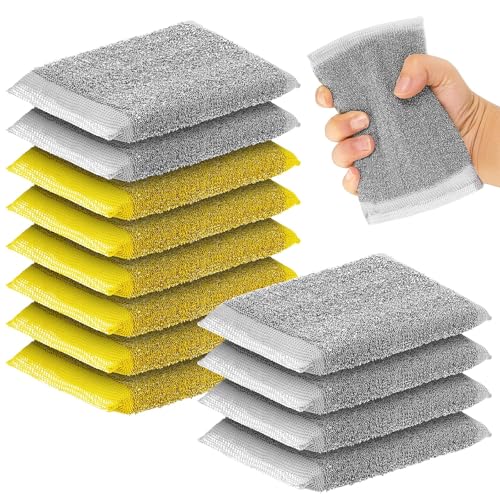 Image of Thyle 12 Pack Steel Wool Scrubber Kitchen Sponges, Heavy Duty Non Scratch Metal Sponges, Reusable Cleaning Scrub Pads for Dishes, Pots, Pans, Sink and Tough Hard Stains (Gray,Yellow)