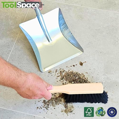 ToolSpace Handfeger und Schaufel Kehrschaufel Set mit Stiel verzinkter Stahl Kehrblech und Handbesen Metall Kehrgarnitur Holz Handbesen Schaufel Kehrschaufel Metall Schaufel- & Besensets Außen/Innen
