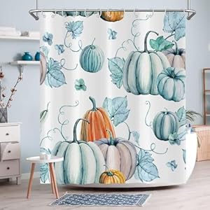 GCIREC Autumn Pumpkin Shower Curtain, Fall Harvest Yellow Orange Navy Floral Pumpkin Retro Boho Bathroom Curtain Home Bathtub Decor Waterproof Fabric Machine Washable with 12 Hooks