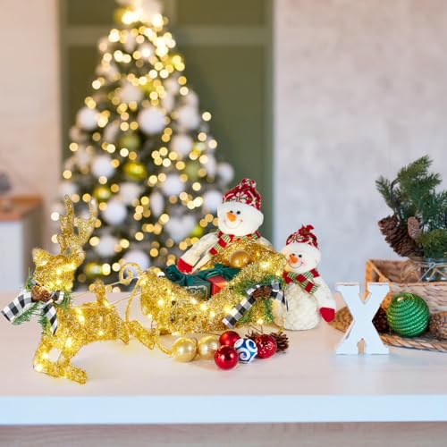 GarveeHome Gold Reindeer and Sleigh Set for Christmas Decorations, Metal Frame Christmas Elk Ornaments, Iron Xmas Centerpiece for Indoor Home Decor, Holiday Display