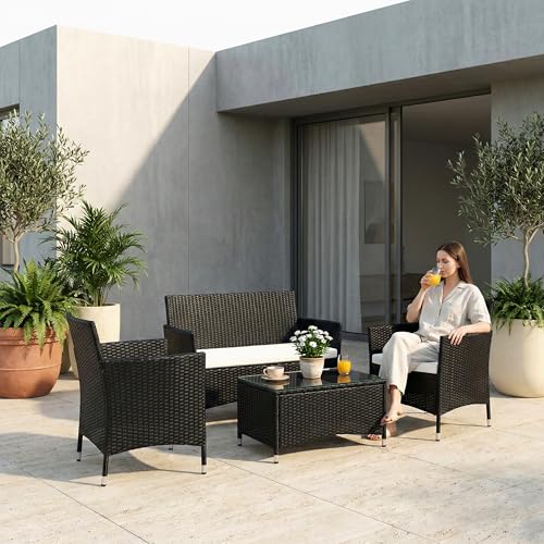 Image of OUTLIVING Outdoor 4 Seater Sofa Set || Patio Furniture Sets || Balcony Sofa || Indoor Sofa || Wicker Rattan Garden Sofa Set with Cushion and Center Table (Black)
