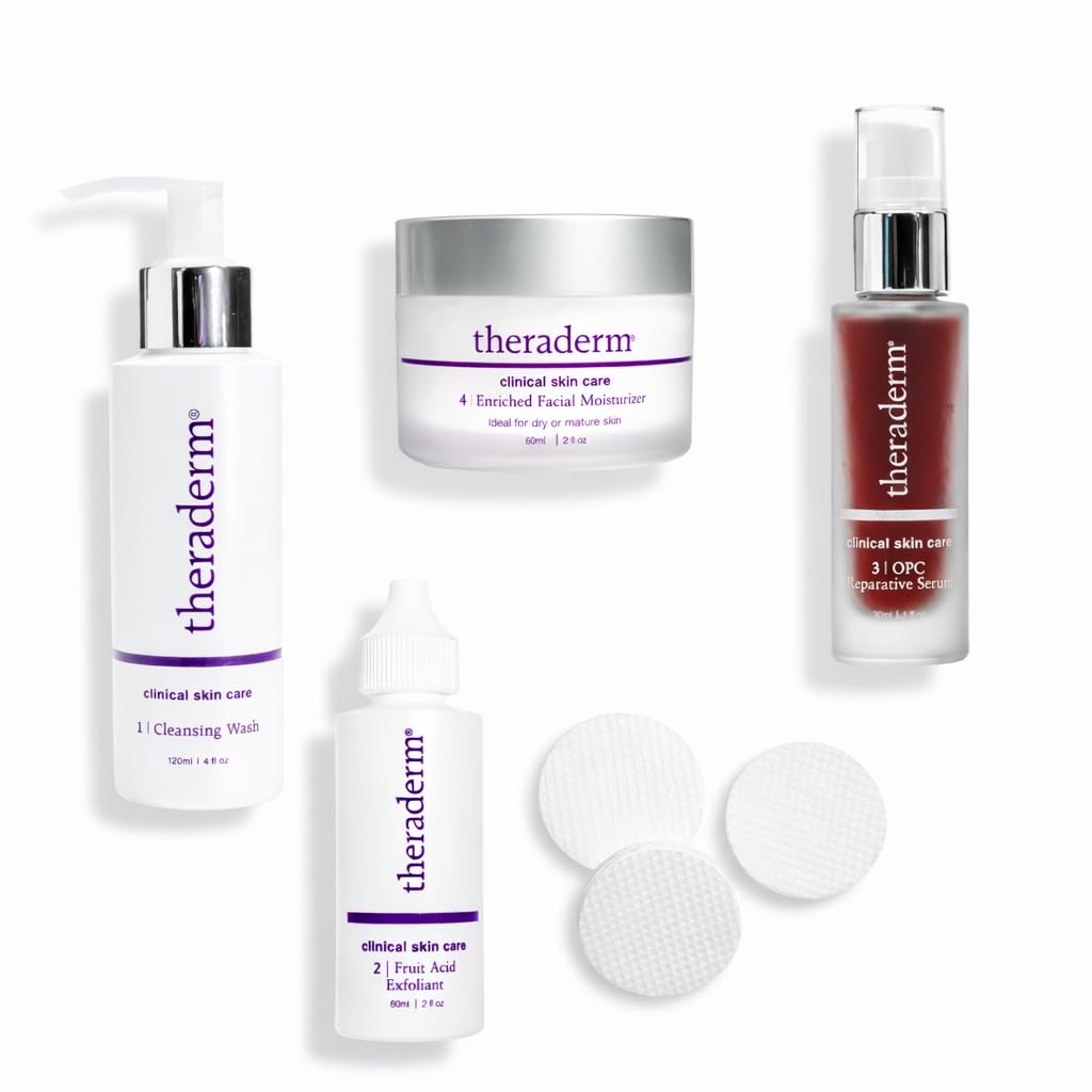 Theraderm Skin Renewal System with Enriched Moisturizer – 4-Step Skincare Kit with Lactic Acid Exfoliant, Antioxidant Serum & Lanolin Moisturizer for Dry & Mature Skin