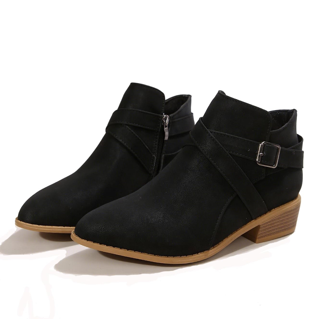 Womens Leather Buckle Strap Chunky Heel Ankle Boots with Side Zipper Fashion Comfortable Round Toe Low Stacked Heel