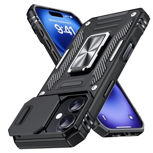 iPhone 16 Plus 用 ケース リング付き スライド式カメラプロテクター 衝撃吸収 PC素材 スタンド機能 車載ホルダー対応 MIL規格認証 滑り止め・擦り傷防止 金属リング iPhone 16 Plus 用 カバー 耐衝撃 横置き対応 人気 黒
