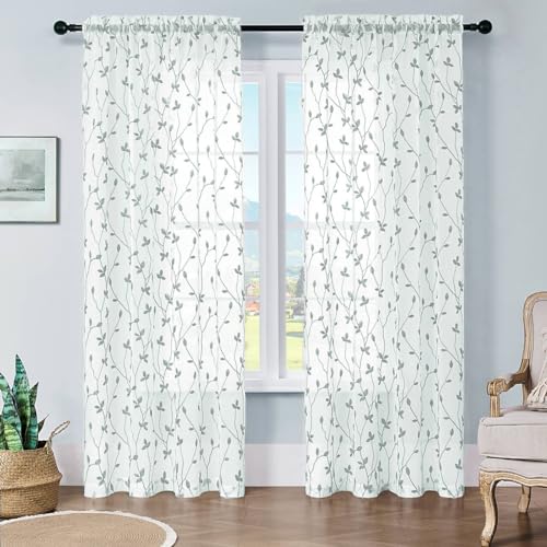 WUBODTI Grey Leaf Embroidered Sheer Curtain 63 Inch Length 2 Panels for Small Windows, Rod Pocket Grey and White Light Filtering Faux Linen Leaves Patterned Curtains for Bedroom Living Room - image 7