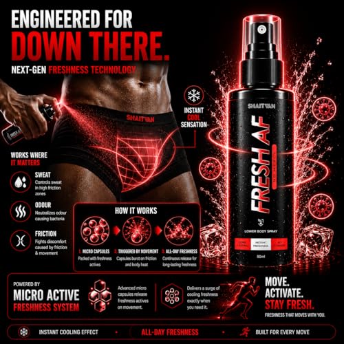 Image of Fresh AF Men's Hygiene Spray for Intimate & Lower Body Odour Control - 750 Sprays | Barely There Anti-Bacterial, pH Balanced with Aloe Vera | Pre Workout & Post Gym Freshness Spray | Sweat Protection (No Mercy)