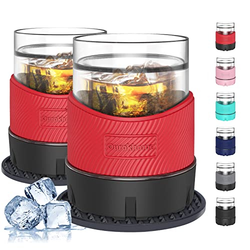 Ourokhome Whiskey Freeze Glasses, Patent Plastic Ice Chiller for Bourbon, Scotch, White Wine, 5 oz Insulated Liquor Tumbler for Men and Women, 2 Sets, with 2 Silicone Cup Mats, Red