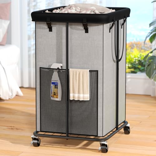 Cesta de lavandería con ruedas, 150 L, con marco de metal y bolsa extraíble, cestas grandes y altas para ropa sucia para dormitorio, lavandería, baño, dormitorio, gris
