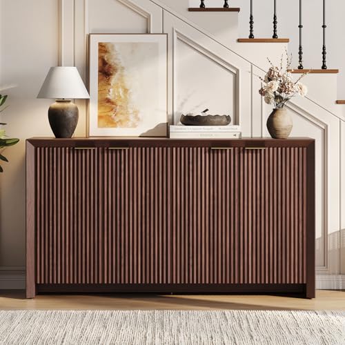 ONBRILL Fluted Sideboard Buffet Cabinet with Storage, Wooden Modern Fluted Sideboard with 4 Doors and 5 Adjustable Shelves, Coffee Bar Table for Dining Room, Hallway, Kitchen (Dark Walnut) - Image 4