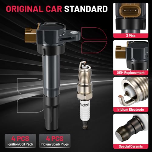 Image of BDFHYK Ignition Coil Pack UF634 and Iridium Spark Plugs AP5325 Compatible with Suzuki 2009-2013 Grand Vitara 2010-2013 Kizashi 2010-2013 SX4 2.0L 2.4L L4 C1732 GN10615 IC737SB,Set of 4