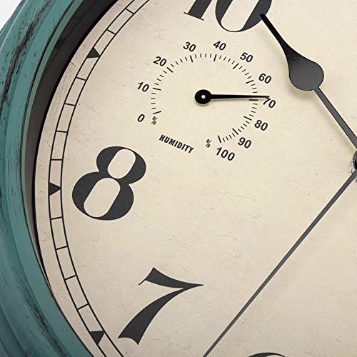 Foxtop Indoor Outdoor Waterproof Wall Clock With Thermometer And Hygrometer Combo, 12 Inch Retro Silent Non-Ticking Battery Operated Quality Quartz Round Clock For Patio Home Living Room Decor (Green) #TOP5