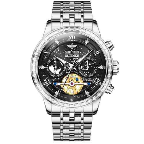 Image of OUPINKE Watch for Men Skeleton Self Winding Mechanical Automatic Luxury Dress Black Wrist Watch Waterproof Luminous Tungsten Sapphire Crystal
