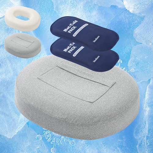 HOMBYS Cooling Donut Pillow for Postpartum with 2 Hot & Cold Therapy Packs, 3-in-1 Perineal & C-Section Recovery Cushion Relief for Episiotomy, Hemorrhoids, Uterine Cramps & Tailbone Pain, Grey