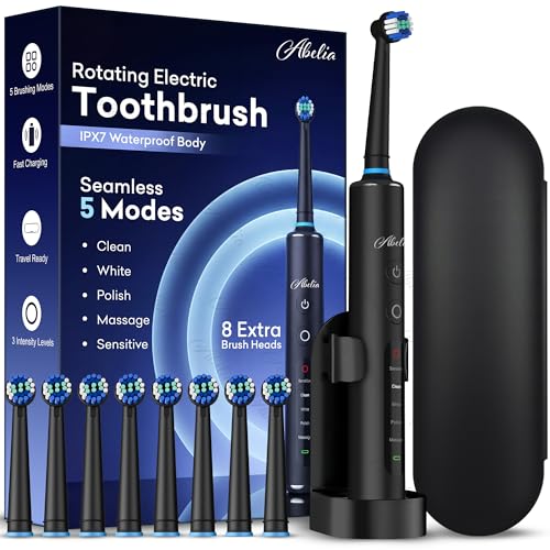 Image of Abelia Rotating Electric Toothbrush for Adults | Rechargeable Oscillating Brush | 8 Round Heads, 5 Modes, 3 Intensity Levels, 2 Min Timer | Waterproof | 2-Year Warranty | Black