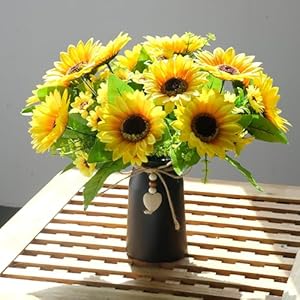 Artificial sunflower arrangement in black vase 3 bunches of lifelike sunflowers with rustic black vase for home decor office and special occasions  urban country home decor