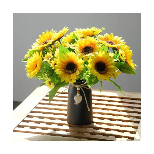Artificial sunflower arrangement in black vase 3 bunches of lifelike sunflowers with rustic black vase for home decor office and special occasions  urban country home decor