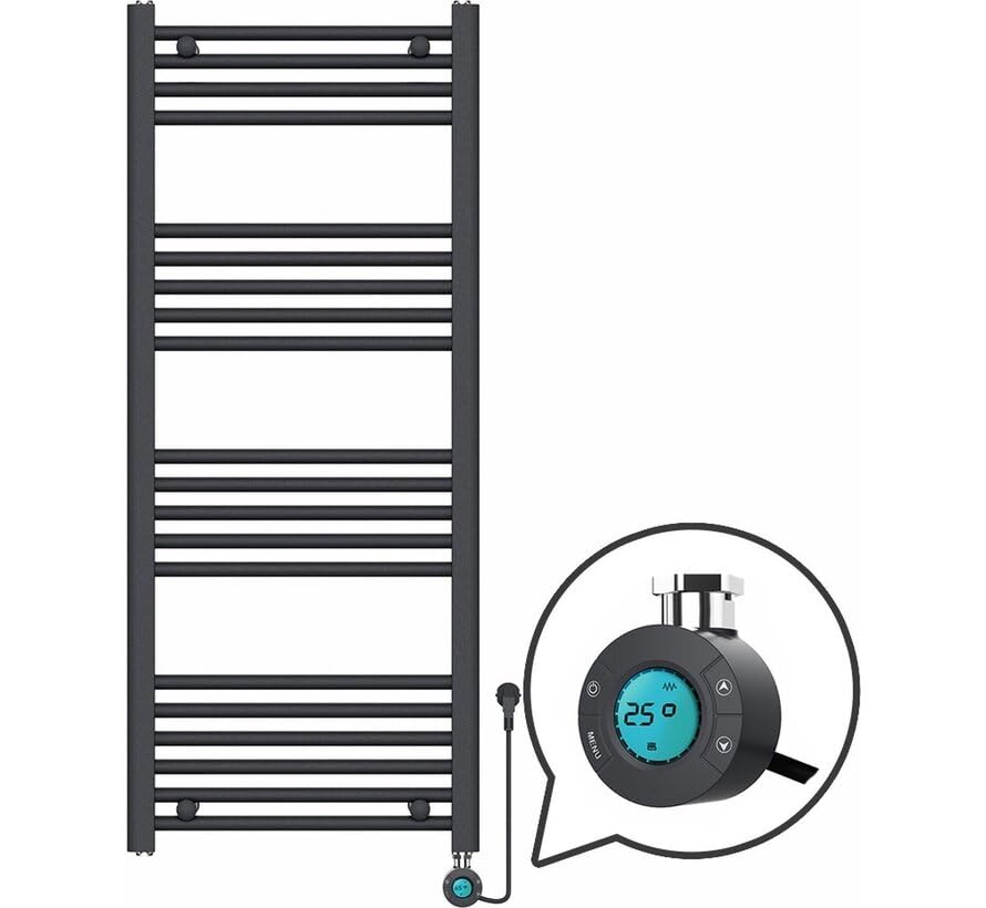Elektrischer Handtuchheizkörper mit Digitalem Thermostat 1200x500 mm Schwarz Matt – 500W Badheizkörper Energieeffizienter Handtuchheizer Wandmontage Handtuchtrockner Plug & Play