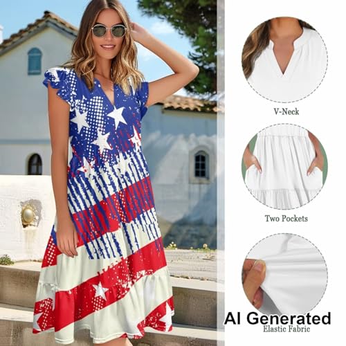 Image of Womens Summer Dress Ruffle Sleeve V Neck Dress Casual Fit Flowy Beach Vacation Sundress with Pocket S-2XL
