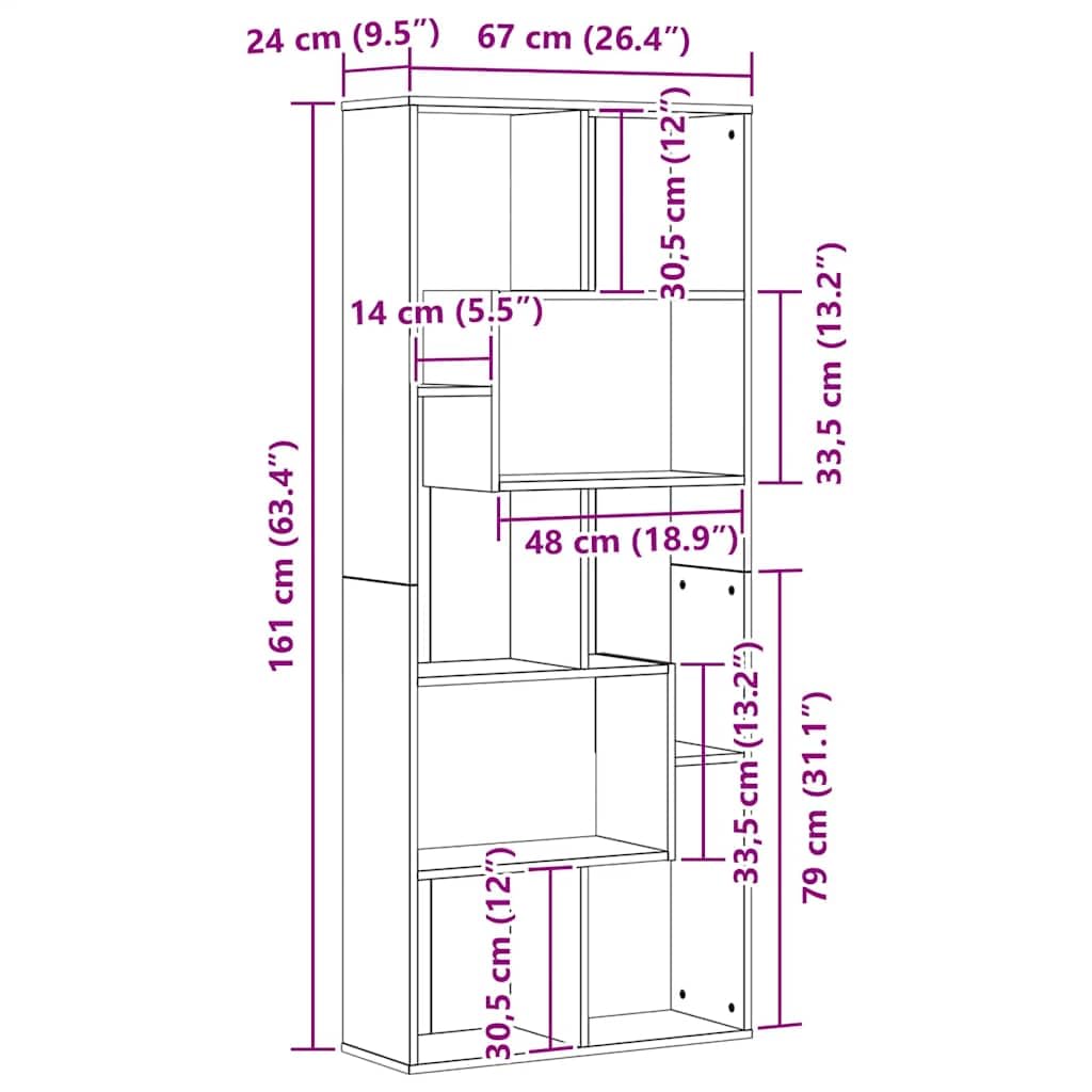 Regał na książki o wyglądzie czarnego dębu, 67 x 24 x 161 cm, materiał drewnopochodny z systemem zygzaków, regał stojący i ścianka działowa, do salonu, gabinetu, sypialni, korytarza, nie