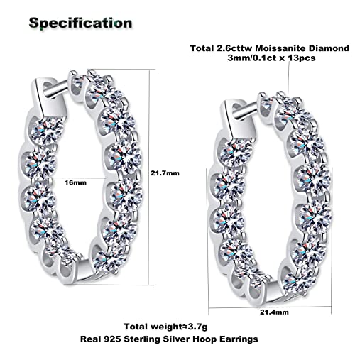 Moissanite Hoop Earrings, 2.6cttw D Color VVS1 Round Cut Hoop Earring, 925 Sterling Silver Huggie Earring for Women Wedding Earrings2