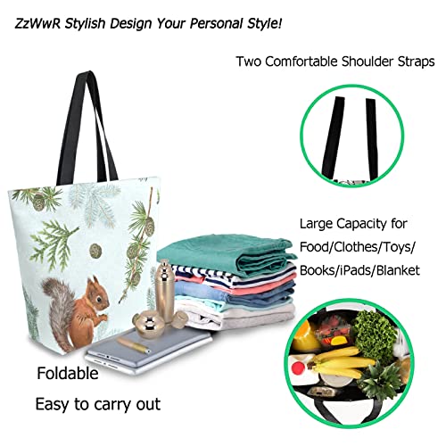 Chic Extra Large Shoulder Grocery Tote Bag, Pine Branch Squirrel Canvas Reusable Handle Bags for Men Women Gym Weekender Picnic Beach Travel Home Storage Market Shopping2