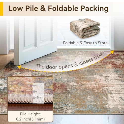 Washable Area Rugs 6ft Non-Slip Modern Abstract Soft for Living Room Entryway Bedroom Nursery, Print Pattern, Brown Rust Red Multi