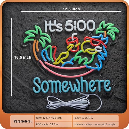 Image of Its 5 00 O'clock Somewhere Neon Sign Parrot Palm Tree Hammock It's Five Oclock Some Where Bar Beer LED Light Man Cave USB Powered Dimmable LED Sign (Pink)