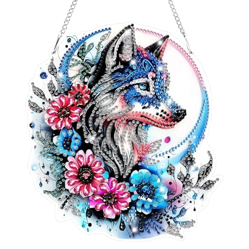 Bowetile Wolf Diamond Art Hanging Kits for Adults, 5D Special Shape Diamond Painting Flowers Pendant Kits, Gem Art Suncatchers Painting Window Ornament for Home Garden Wall Decor