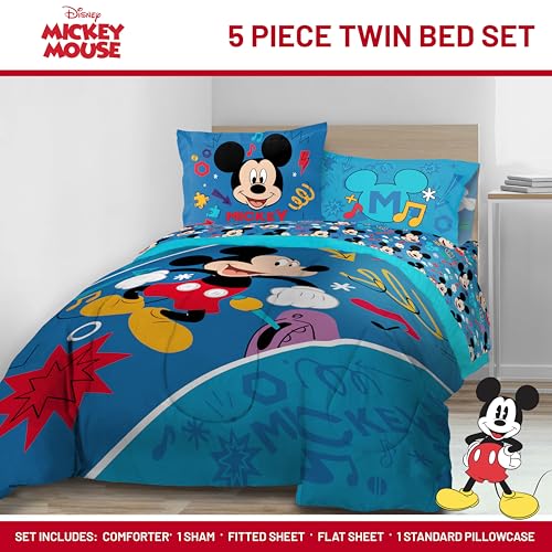 Image of Disney Mickey Mouse Twin Comforter Set 5 Piece Kids Cartoon Bedding, Blue | Bed in a Bag, Comforter Sheets Sham Pillowcase, Official Product, Soft Microfiber, Machine Washable, Easy Care, Boys Gift