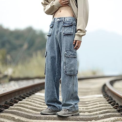 Men Punk Baggy Jeans Gothic Straight Leg Streetwear Y2K Cargo Denim Troursers Fairy Grunge Flap Pocket Relaxed Pants4