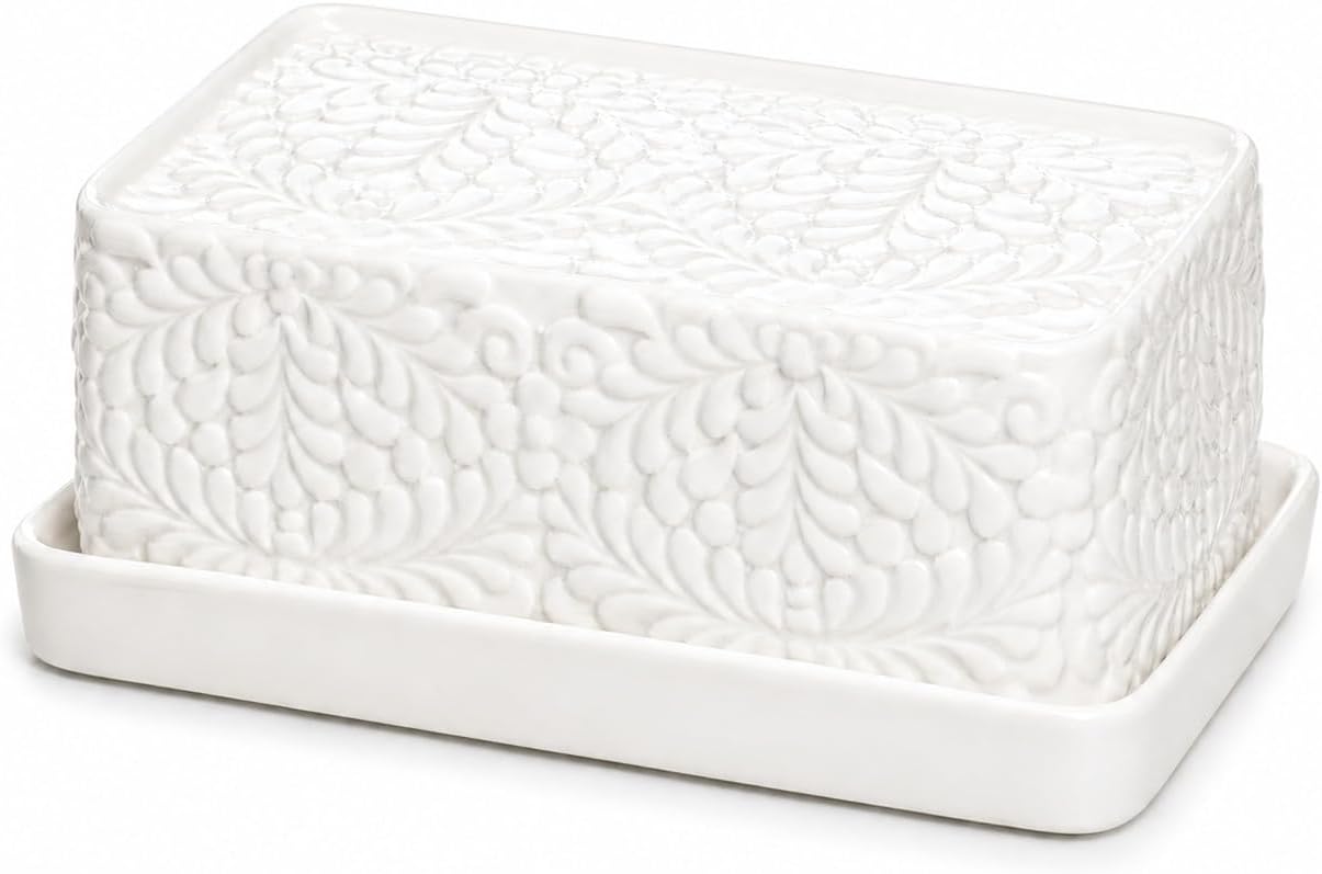 Large Ceramic Butter Dish with Lid, 7.1 x 4.3 x 2.8 Inches, Embossed White