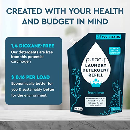 Puracy Liquid Laundry Detergent Refill-1,4 Dioxane Free, Natural, Gentle Laundry Detergent Liquid Concentrate Laundry Pouch With Stain Fighting Enzymes - (Fresh Linen, 48 Fl Oz, 192 Loads) #TOP5