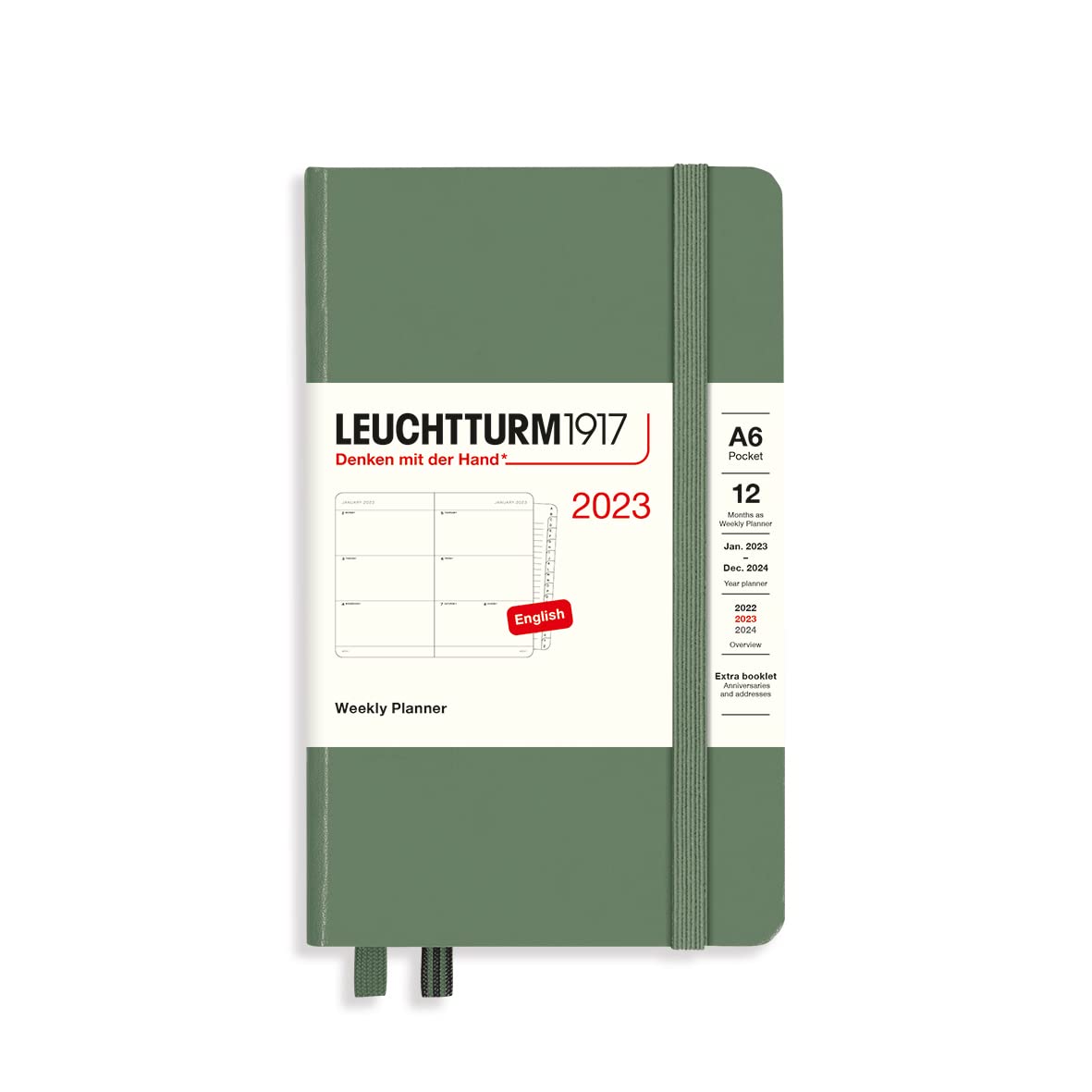 Leuchtturm1917 365954 - Agenda settimanale Pocket, A6, 2023, 12 mesi, in lingua inglese (formato in lingua italiana non garantita), colore verde oliva (Olive)