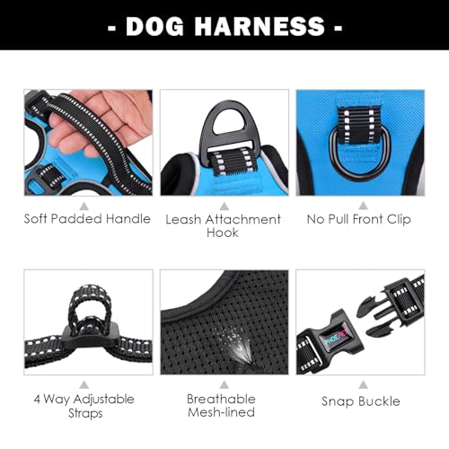Image of PHOEPET Reflective Dog Harness Large Breed Adjustable No Pull Vest with Handle 2 Metal Rings 3 Buckles [Easy to Put on & Take Off](L, Blue)