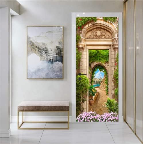 FLFK 3D Beautiful View Through Arch Door Stickers Peel and Stick Door Wraps Wall Murals Photo Self-Adhesive Wallpaper Decals for Bedroom Living Room Decoration 30.3"x78.7"