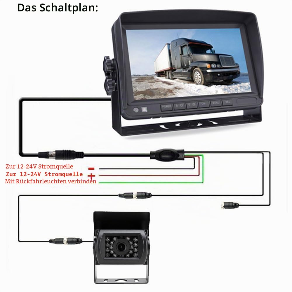4Pin 7 Zoll LCD HD Farbmonitor wasserdicht 18LED Nachtsicht Rückfahrkamera | 17,8cm Farbmonitor mit Sonnenschutz-Halterung, 4-polige robuste Rückfahrkamera mit 10m Kabel für Wohnmobil/Bus/Anhänger/LKW