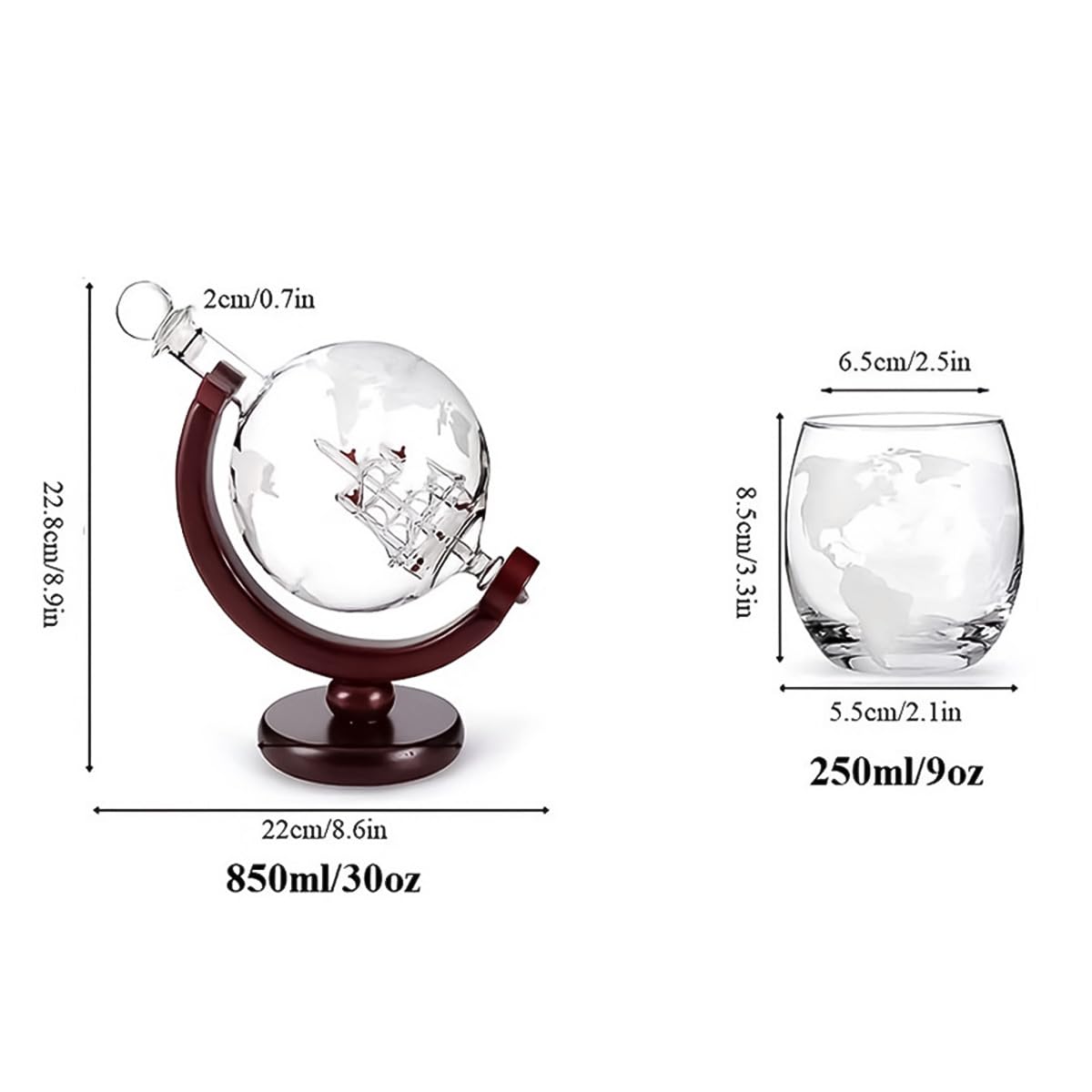 Whisky Globe Decanter con Juego de Vasos, Juego de Jarra de Whisky con 1 Decantador y 2 Vasos, Globe Decanter con Barco para Whisky, Scotch, Vodka Set de Regalo