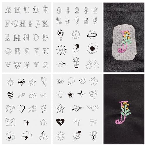Image of 80 Pcs Water Soluble Embroidery Patterns 4 Sheets Letter 0-9 Number Stick and Stitch Embroidery Paper Wash Away Embroidery Transfer Paper Stabilizers for Hand Sewing