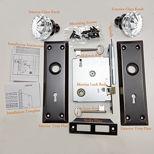 Maxxgeek Antique Mortise Keyed Lock Set With Fluted Glass Knobs And Skeleton Keys, Fits 1-3/8"-1-3/4" Interior Doors, Backset 2-3/8", Oil Rubbed Bronze, 1 Pack #TOP5