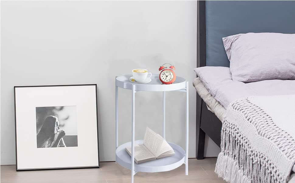 Image of End Table,Folding Metal Side Table Coffee Table Sofa Side Table for Living Room Bedroom Balcony and Office (Colour-White-2)
