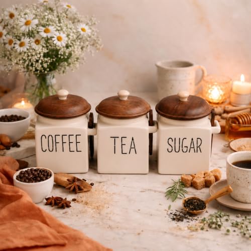 Image of Premium Ceramic Kitchen Storage Set with Wooden Lids - Tea, Coffee & Sugar Jars with Salt & Pepper Shakers | Airtight Containers Combo (Set of 5) (Tea, Coffee and Sugar Jar)