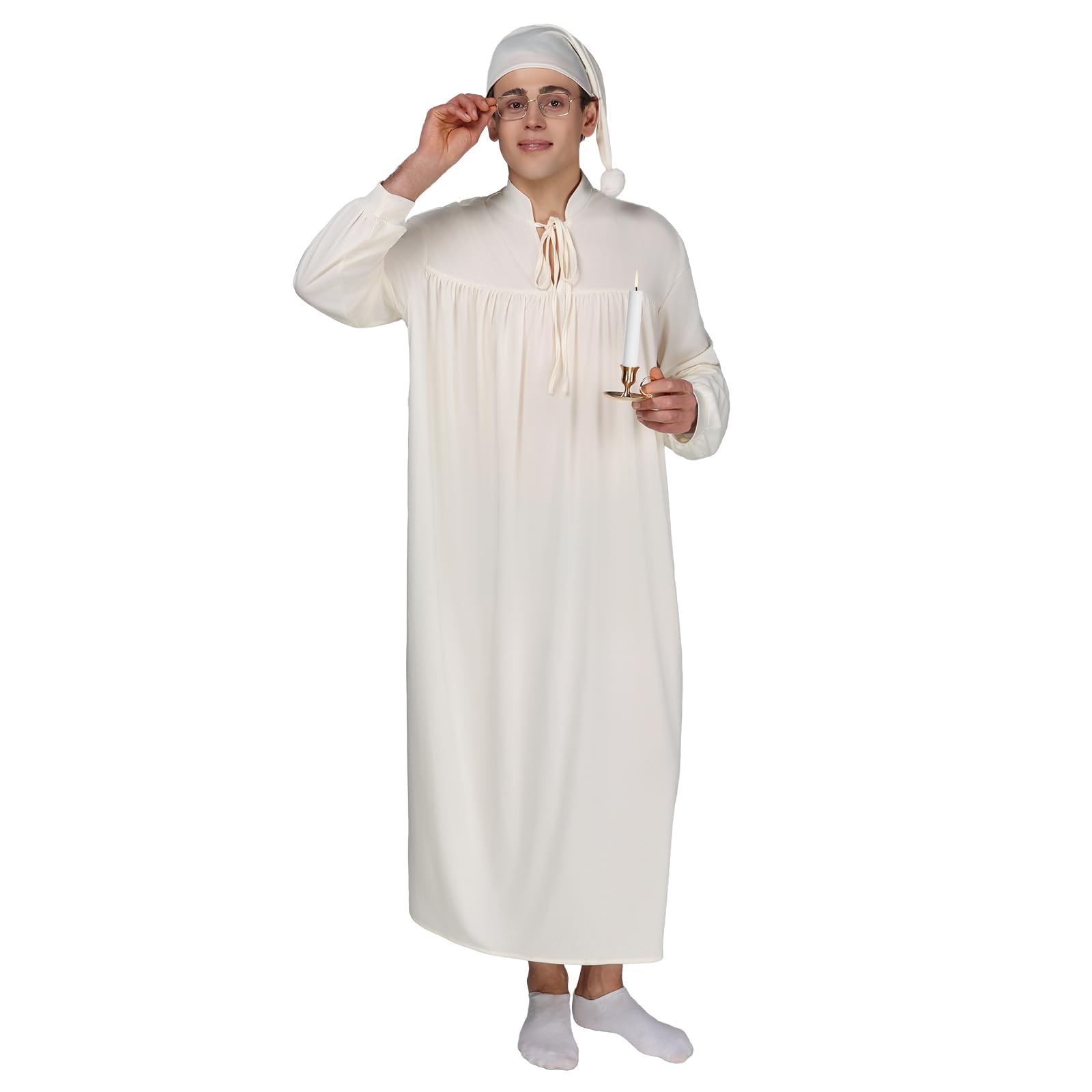EraSpooky Christmas Pajama Set for Men, Funny 4 Pcs Adult Sleepwear with Nightgown Sleeping Cap Candle Holder and Glasses