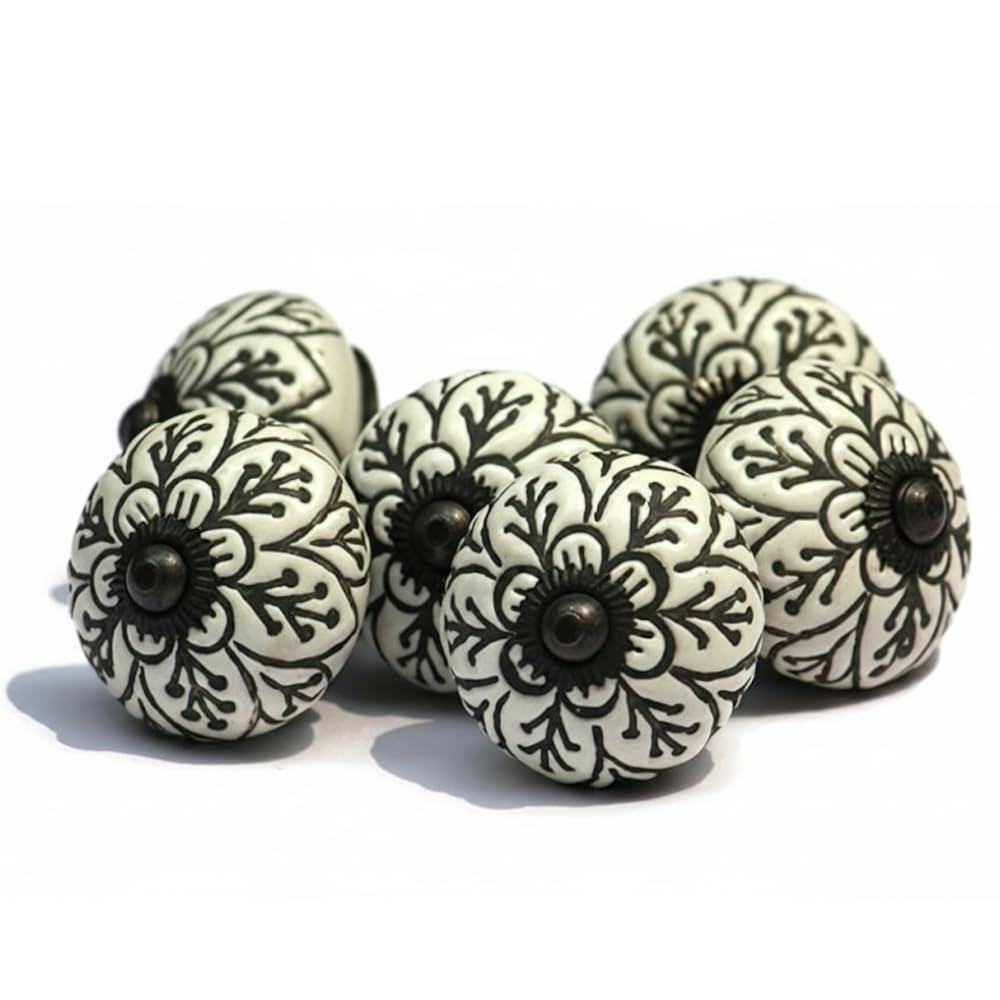 owlKraft Handmade Spade Black & White Ceramic Stone Cabinet Knobs, Vintage Decorative Drawer Pulls for Trendy Cabinets, Modern Dressers & Cupboards, Knobs for Kitchen & Furniture-Set of 6