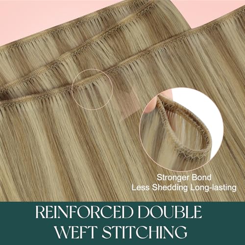Image of Easyouth 20 Inch Weft Hair Extensions Human Hair Highlight, Invisible Weft Hair Extensions Human Hair Highlight, 100G, Dark Ash Blonde with Golden Blonde, Sew in Extensions, for Women