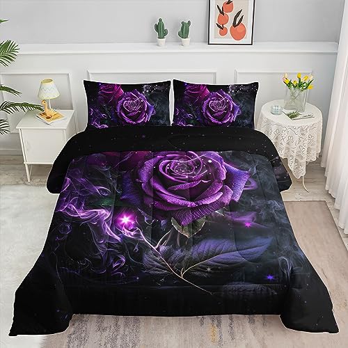 Datura home Kids Comforter Set Purple Rose Printed Pattern Bedding Set with 1 Comforter and 2 Pillowcases for Girls Boys Bedroom All Season(Rose Queen)