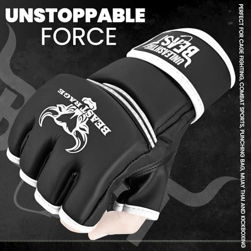 BEASTRAGE MMA Handschuhe für Männer und Frauen,Martial Arts Mitts Grappling Sparring,Ventilated Palm, VEGAN Leder, Cage Fighting, Muay Thai, Kickboxen, Boxsack, Boxen, Kickboxen (XL, Weiss)