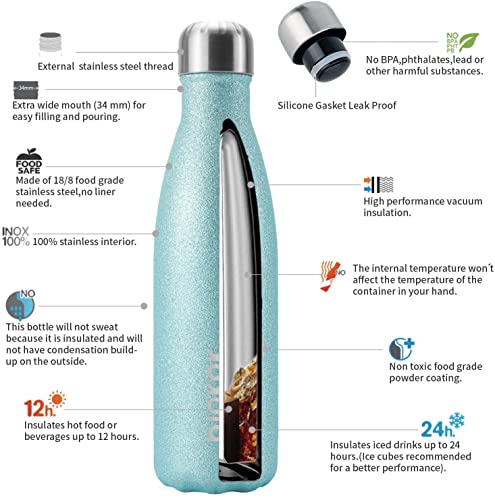 Image of BJPKPK 17oz Insulated Water Bottles Stainless Steel,Sports Water Bottles Keep Cold for 24 Hours and Hot for 12 Hours,BPA Free,Glitter Ice Blue